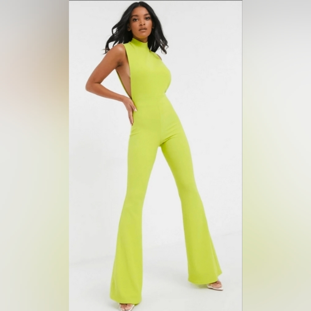 ASOS Lime Green Ribbed Halter Jumpsuit Flare Legs Size 6 Open Back